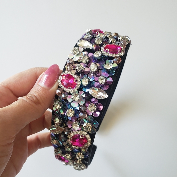 Handmade Full Black Fuchsia Crystal Beads Headband with Sequins For Women - Picture 3 of 7